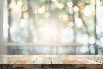 Sunlit wooden tabletop with a blurred green nature background