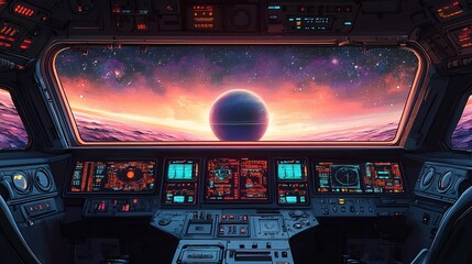 Illustration of spaceship cockpit filled with digital screens buttons and a view of a distant planet through the window