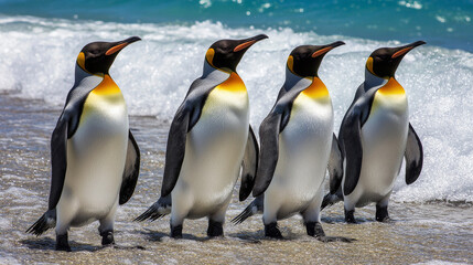 Obraz premium Group of King penguins (Aptenodytes patagonicus) on the coasts of the Falkland Islands. 
