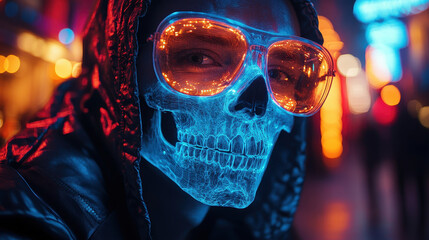 A neon-lit skull mask with glowing orange glasses in a futuristic cityscape, blending cyberpunk aesthetics with eerie, sci-fi vibes