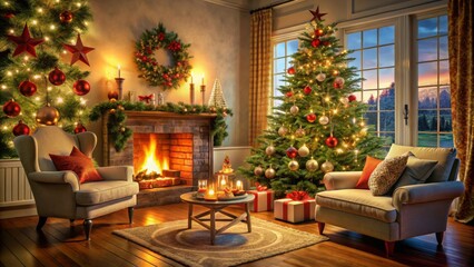 Obraz premium Warm Holiday Atmosphere: Christmas Tree, Lit Fireplace, and Wreath in Stylish Living Room