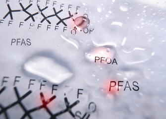 Water droplets with a PFAS text and  chemical structure in the background -- contaminated drinking water concept