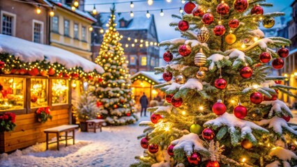 Fototapeta premium Charming Winter Wonderland Christmas Market with Snow, Ornaments, and Festive Lights