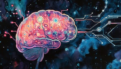 Obraz premium Illuminated Brain of Creativity: Watercolor Fusion of Imagination, Science, and Neural Networks