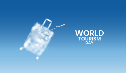 World Tourism Day. Tourism concept banner, poster, social media post, backdrop, greetings card etc. Travel the world, Suitcase with an airplane window. Airplane window and outside views and luggage.
