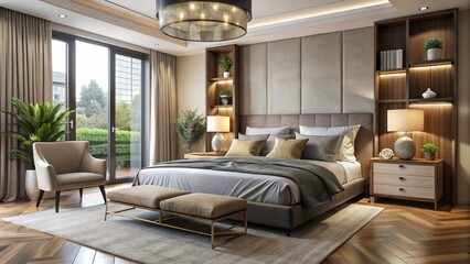 Soft lambrequin headboard and minimalist nightstands create a serene atmosphere, while plush bedding and subtle