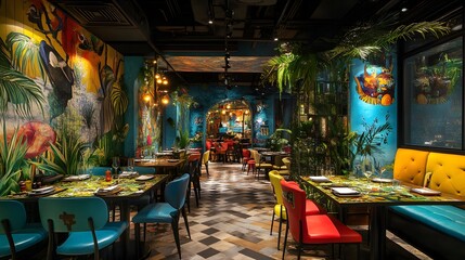 Fototapeta premium A restaurant with dynamic ever-changing themes and vibrant decor