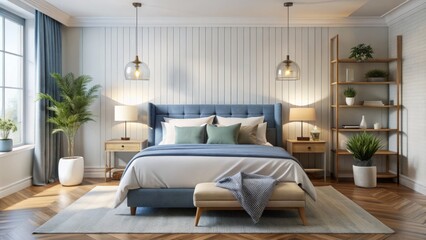 Softly lit bedroom retreat featuring crisp white and soothing blue linens, sleek modern headboard, and tasteful accent