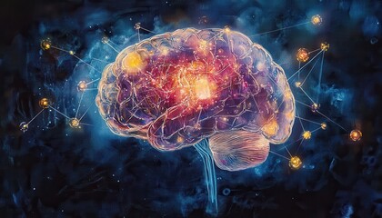 Fototapeta premium Illuminated Neural Networks â€“ Abstract Watercolor Brain with AI Nodes