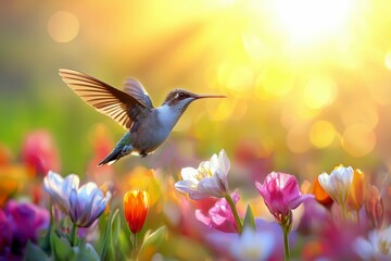 Fototapeta premium Hummingbird in Flight Over a Field of Colorful Tulips at Sunset