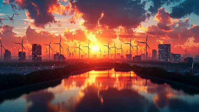 A vibrant and dynamic image of a modern cityscape with wind turbines and solar panels integrated into the buildings,