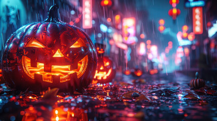 A vibrant, glowing Jack-O'-Lantern in a rainy, neon-lit street, creating a spooky Halloween atmosphere with reflections and wet pavement