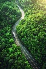 Aerial view of a truck driving on a winding road through dense, green forest under bright sunlight