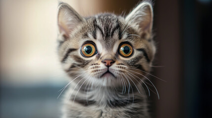 A cute domestic cat with big, wide eyes, looking shocked or surprised. The American Shorthair kitten's face conveys a sense of amazement and curiosity. Ai generated