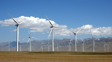 A field of wind turbines stretching across a vast landscape, with clouds passing overhead. Copy space. 