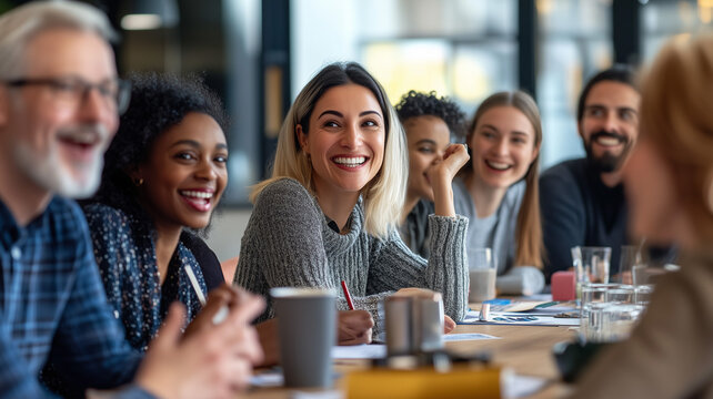 A diverse group of smiling volunteers gathered around a table, discussing ideas with enthusiasm, during a meeting for a nonprofit organization. Ai generated