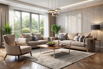 Soft, neutral hues define a sleek contemporary living room where a plush sofa and chairs invite relaxation, paired