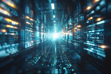 Futuristic data center with glowing lights and servers