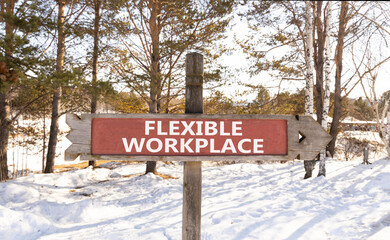 Flexible workplace symbol. Concept words Flexible workplace on beautiful road sign. Beautiful winter forest snow tree background. Business Flexible workplace concept. Copy space.
