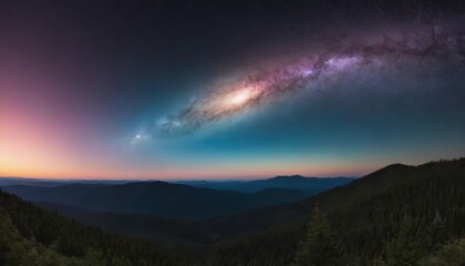 Fototapeta premium Milky Way galaxy arching over dark green mountain ranges with a pink and purple sunrise.
