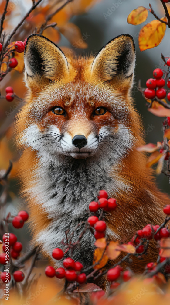 Wall mural a fox is standing in front of a tree with red berries