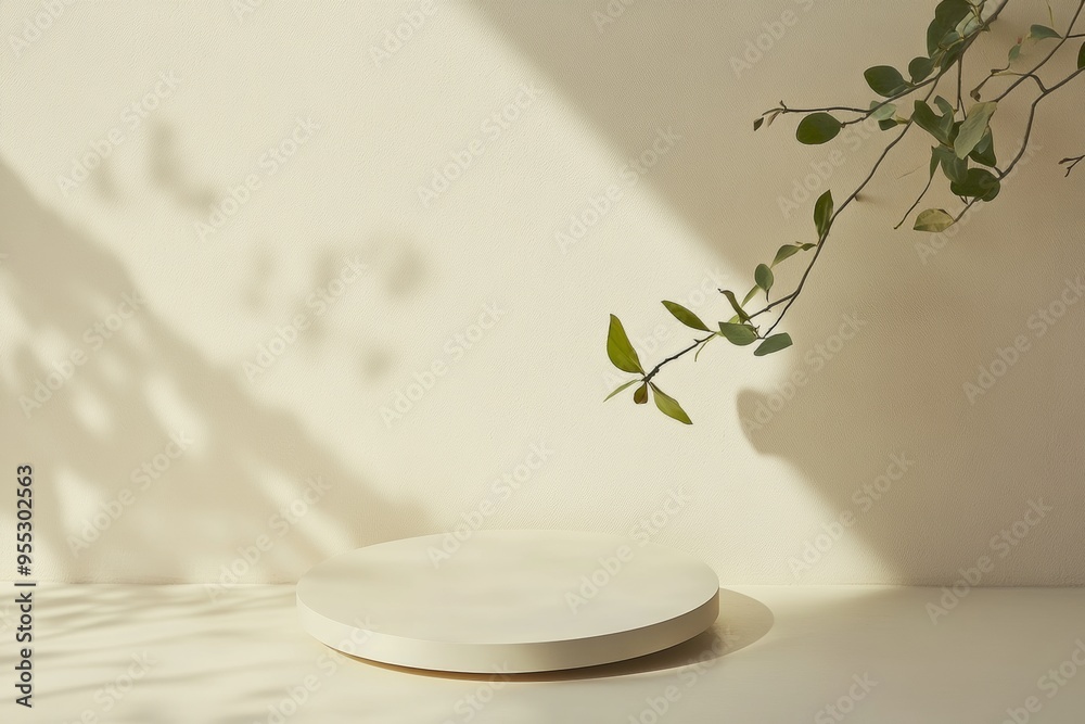 Poster Minimalist Cream Round Podium in Soft Diffused Natural Light for Product Display