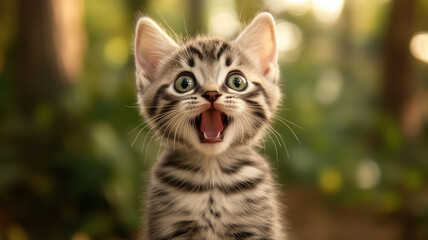 Obraz premium A domestic kitten with a big-eyed, surprised look, making a funny face. The American Shorthair cat's emotional expression is captured in a real photo. Ai generated