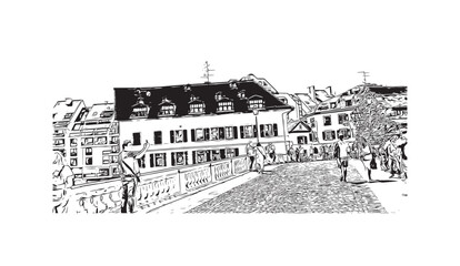 Building view with landmark of Strasbourg is the city in France. Hand drawn sketch illustration in vector.