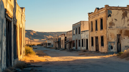 Deserted Ghost Town with Abandoned Buildings at Sunset