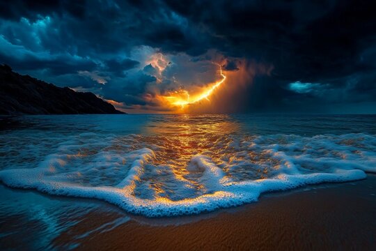 Cloud cinematic rolling clouds are showcased in a realistic photo of a thunderstorm approaching over the ocean, with the waves reflecting the dark clouds above