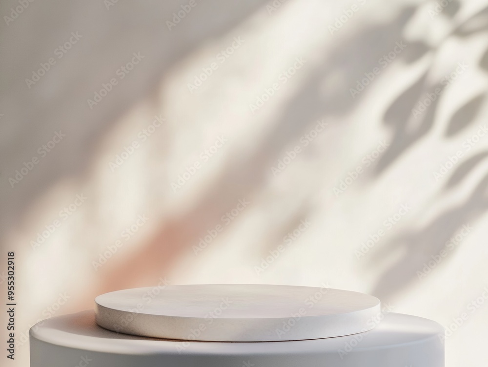 Aufkleber serene minimal white silk table for product display with ambient light and bokeh rose background