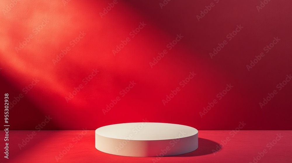 Poster minimalist soft white circular podium on dark red background with gentle shadows, monochromatic mode