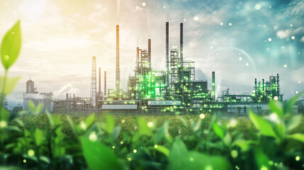 A green industry power plant concept, featuring smart factories and digital technology, integrated with nature and renewable energy sources. Ai generated