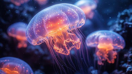 Naklejka premium Translucent jellyfish with glowing tentacles drift in the deep ocean, creating an ethereal and mesmerizing underwater scene