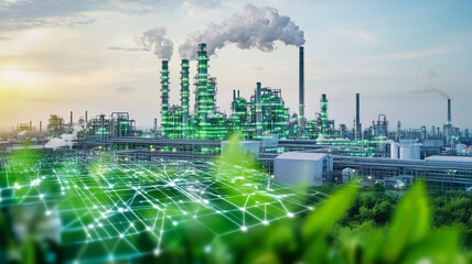 A green industry power plant concept, featuring smart factories and digital technology, integrated with nature and renewable energy sources. Ai generated