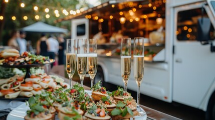 A white food truck is parked outside with a table full of food and drinks