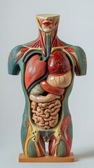 Anatomical model of the human torso with an open chest, showing internal anatomy including bones and muscles in color on a white background 
