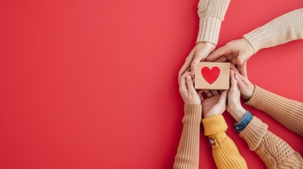 Diverse Hands of Various Ages and Ethnicities Collaborating Around a Heart Icon Central Block in a Bright Red Flat Lay