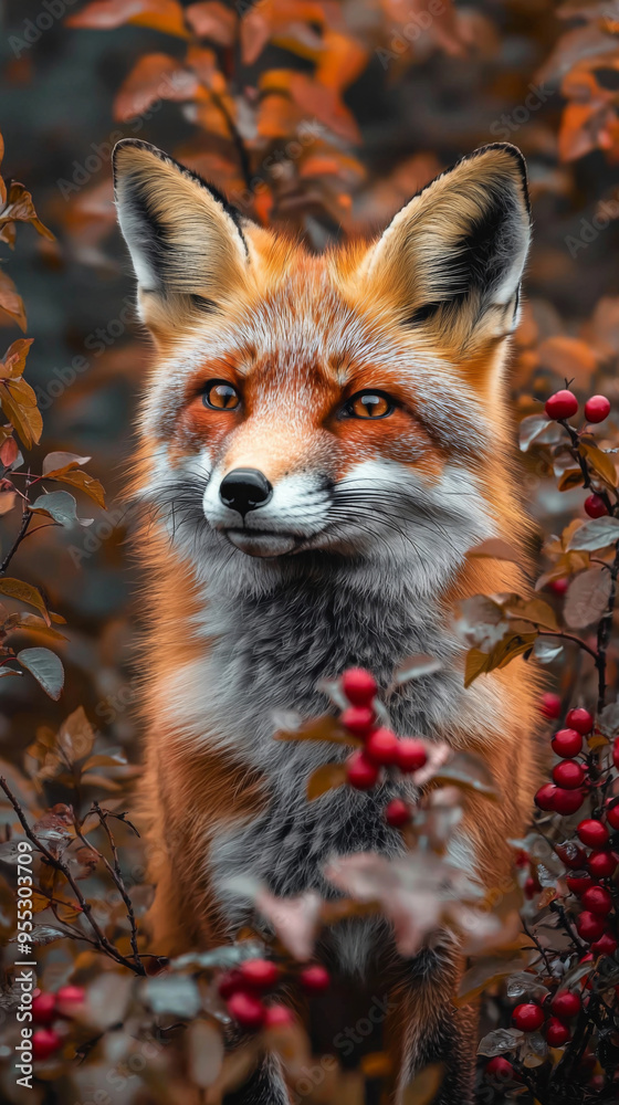 Wall mural a fox is standing in a field of red berries