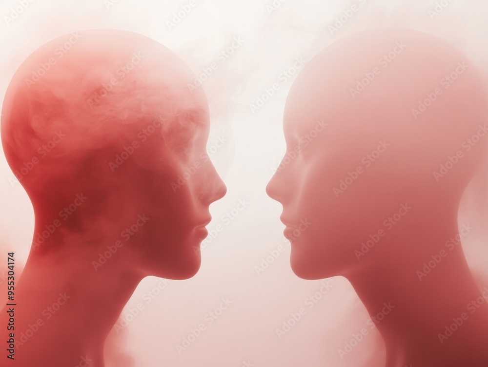 Poster surreal abstract two mannequin heads in red smoke during daytime, symmetrical composition and soft w