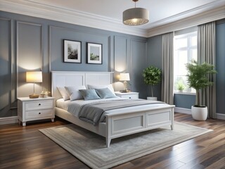 Soft white hues and clean lines elevate a classic bed, nightstands, and dresser, exuding understated sophistication and