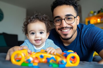 Dad playing educational games is captured in a realistic photo of a father and baby engaged with an interactive learning toy, promoting growth and learning