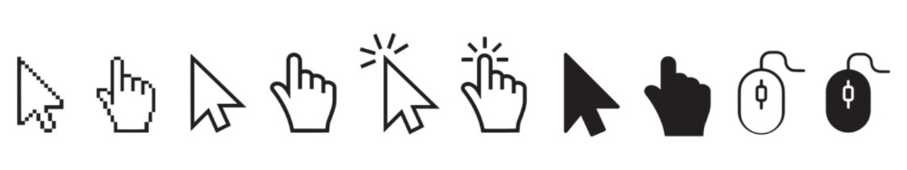 Cursor icons set. Cursor set in hand, arrow and mouse forms, mouse click cursor set, arrow and hand pointer. Vector illustration