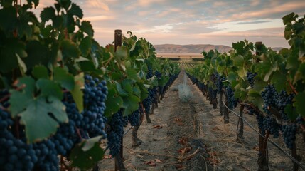 Vineyard at sunset with lush grapevines and rolling hills