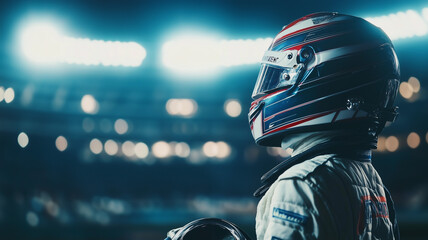 Fototapeta premium A racing driver spraying champagne with the stadium lights behind him, capturing the euphoria of winning. Ai generated
