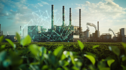 A realistic graphic showing a sustainable power plant integrated with advanced Industry 4.0 technology, surrounded by greenery and eco-friendly elements. Ai generated