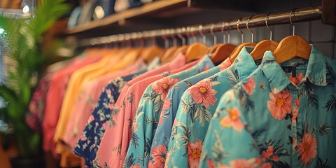 The image captures a vibrant selection of colorful Hawaiian shirts on a clothing rack, each featuring unique tropical patterns with flowers and foliage