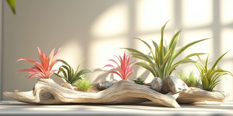 3D rendering of air plants and driftwood displayed in a room