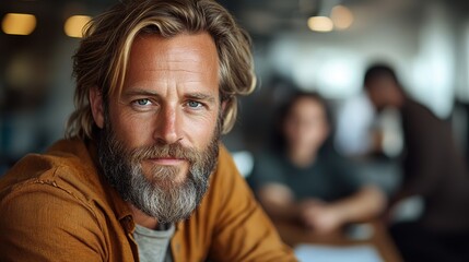 A bearded man with long hair wearing a brown shirt sits in an office setting with colleagues blurred in the background, featuring a modern and professional environment