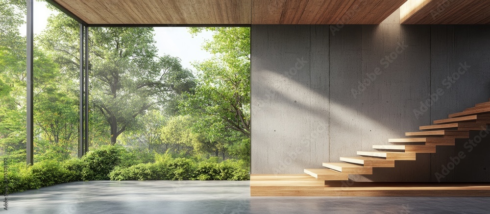 Sticker modern contemporary loft style empty room featuring a nature view in 3d rendering showcasing wooden 